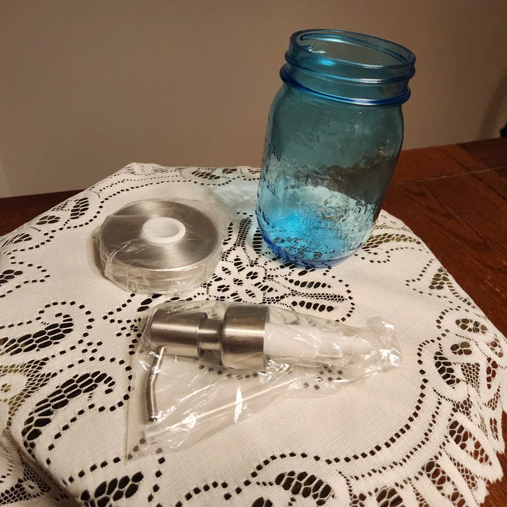 Blue Mason Jar Soap Dispenser With New Dispenser Kit And Two Labels